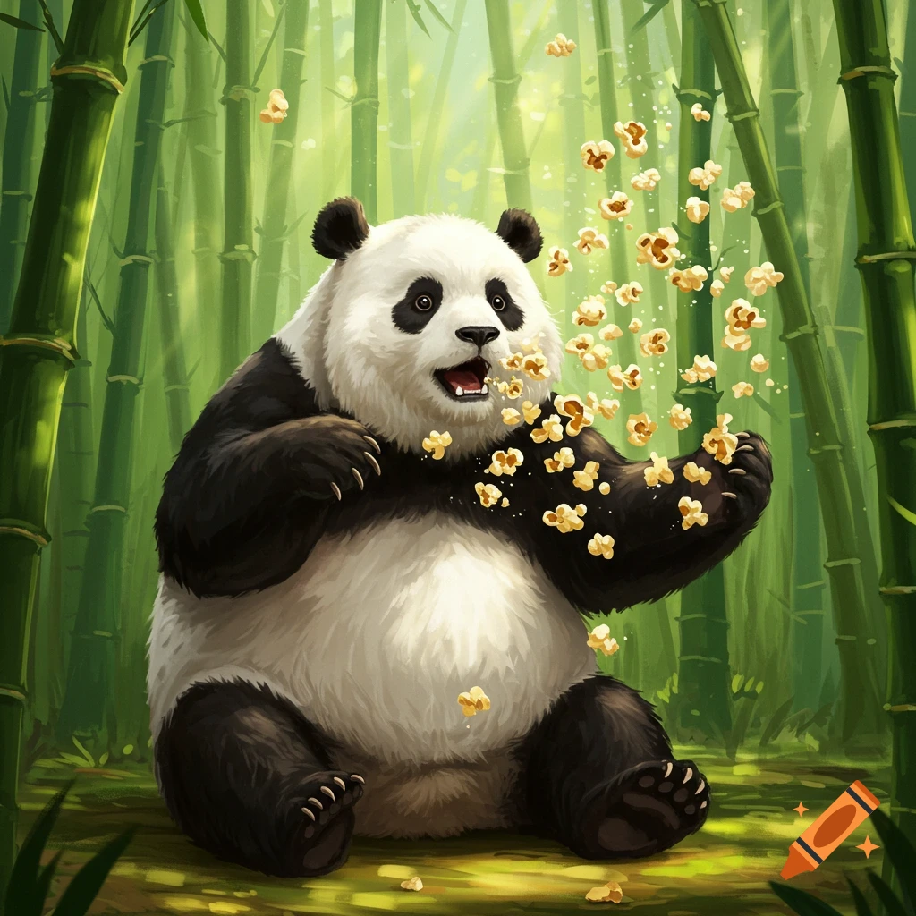 An illustrated panda sneezes a shower of popcorn in a bamboo forest.