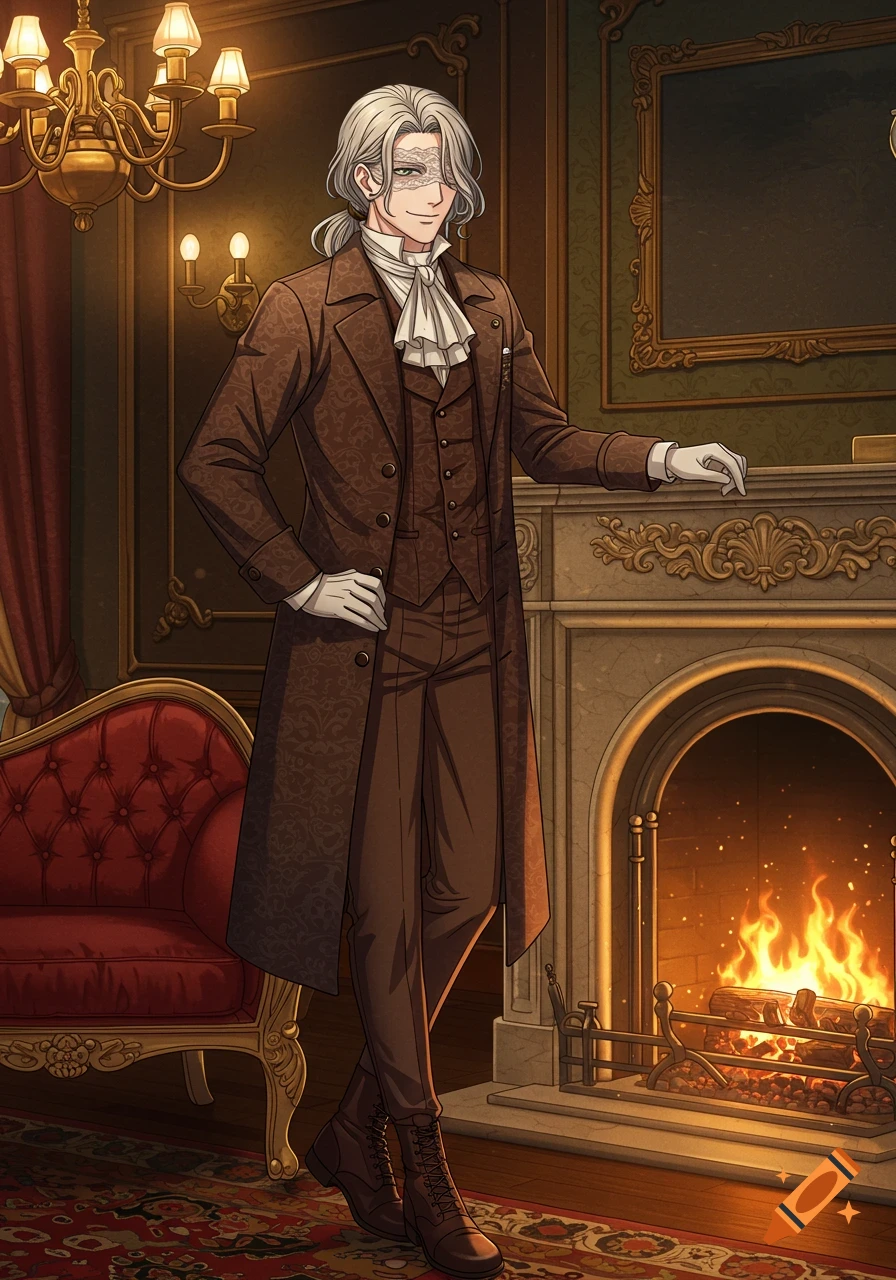 Anime-style drawing of a man with long grey hair and a lace blindfold, wearing a brown Victorian suit, standing next to a fireplace in a grand room.