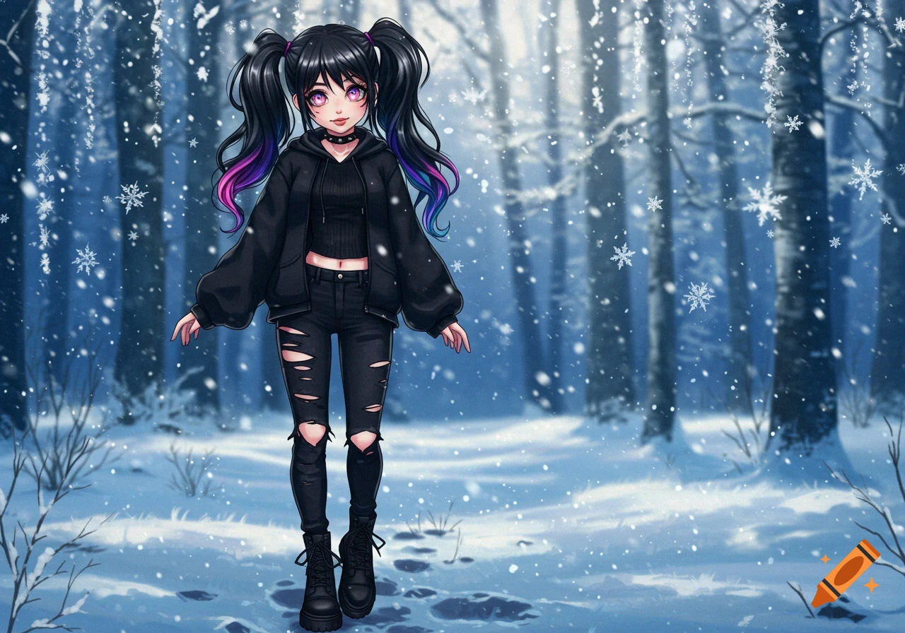 Anime girl with black pigtails, purple eyes, black hoodie, and ripped jeans stands in a snowy forest with falling snowflakes.