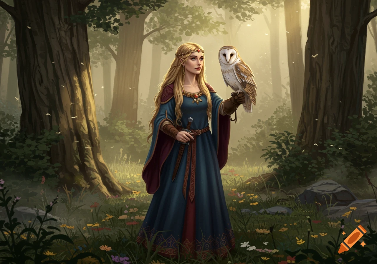A fantasy woman in a blue gown holds a barn owl in a sunlit forest, digital art.