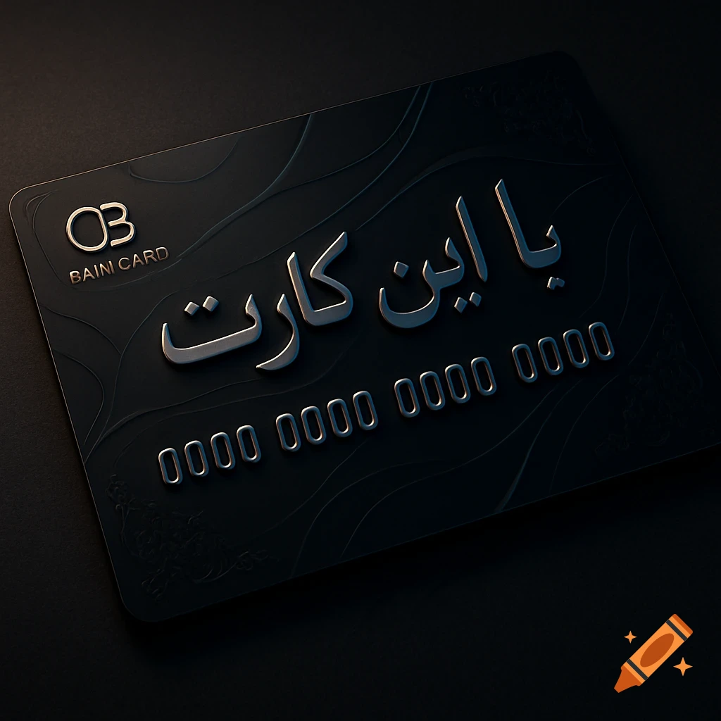 A dark, elegant credit card with shiny silver embossed text reading "0000 0000 0000 0000" and Persian script. A "BAIN CARD" logo with "OB" is in the top left.
