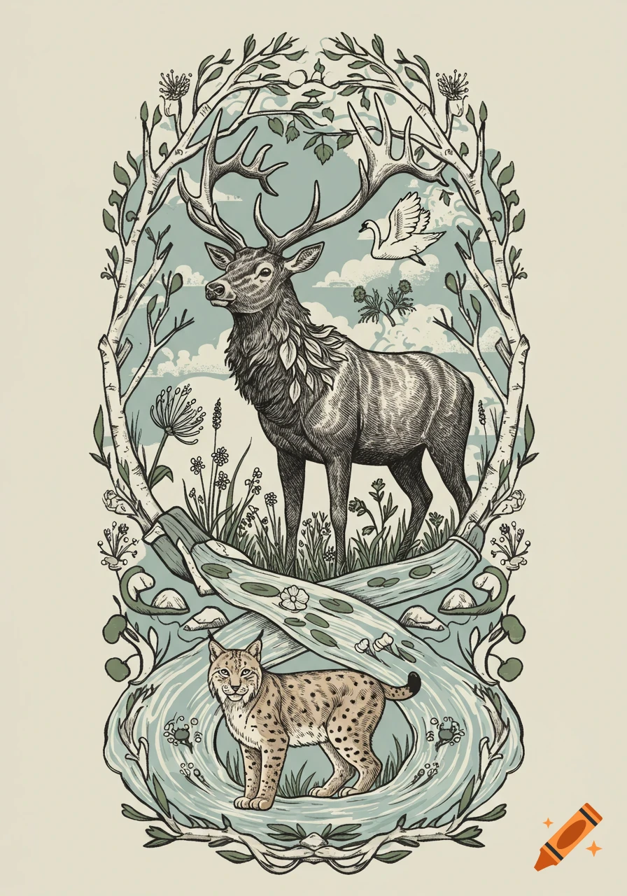 A detailed stylized illustration of a stag, lynx, and swan surrounded by nature in an oval frame, in an engraving style.