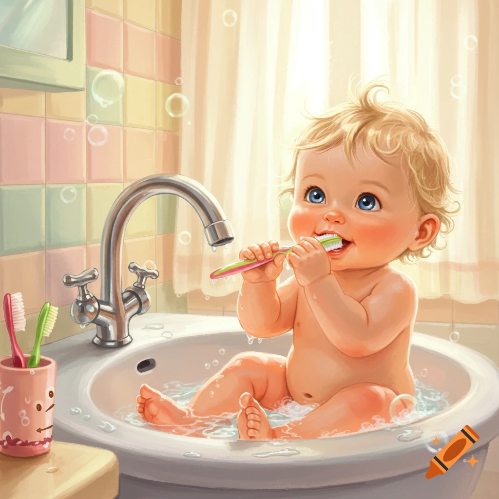 A cute blonde baby with blue eyes sits in a bathroom sink, brushing their teeth with a pink and green toothbrush. Water splashes around them.