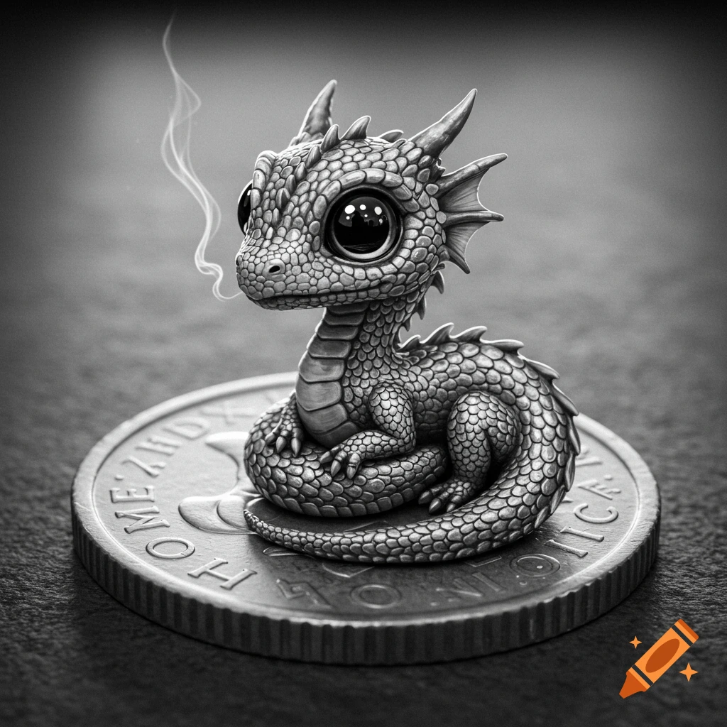 A cute, big-eyed greyscale baby dragon sits curled up on a large coin, with a wisp of smoke rising from its nose.