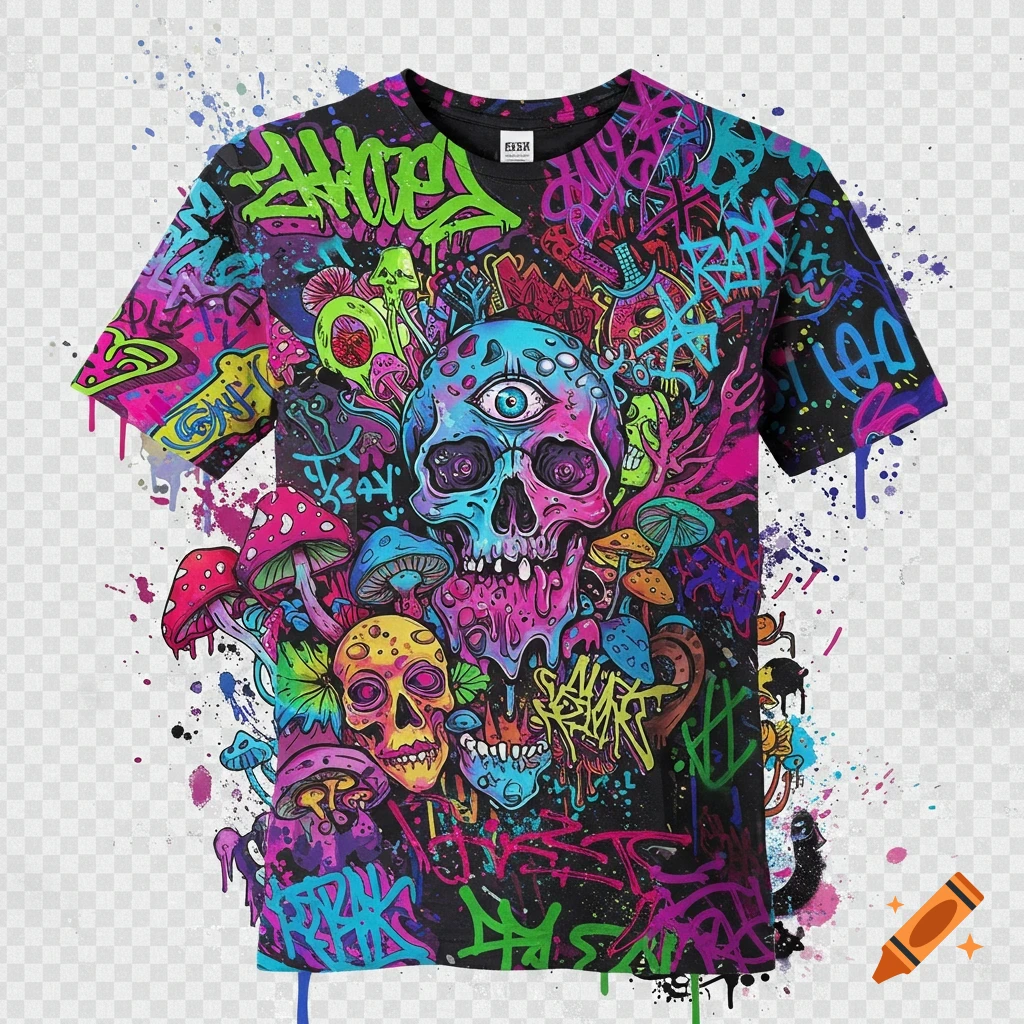 A vibrant, neon psychedelic skull and mushroom design on a black t-shirt, featuring melting shapes, dripping paint, and graffiti tags.