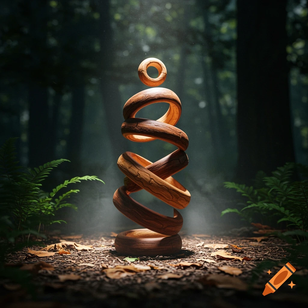 A wooden spiral sculpture with a ring on top, standing on a forest floor with sunlight shining through trees.