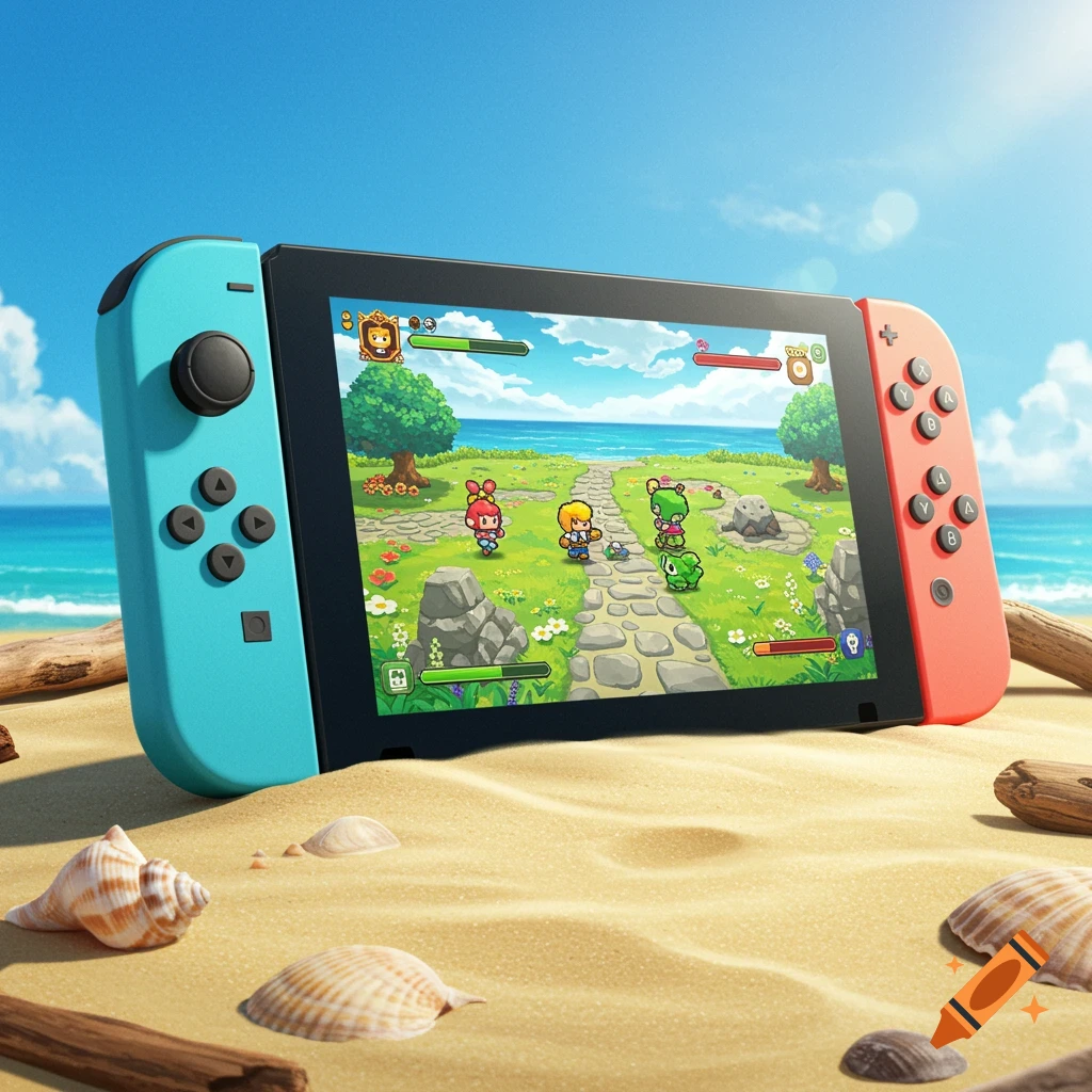 A Nintendo Switch console sitting on a sandy beach next to seashells and driftwood, displaying a colorful video game scene.