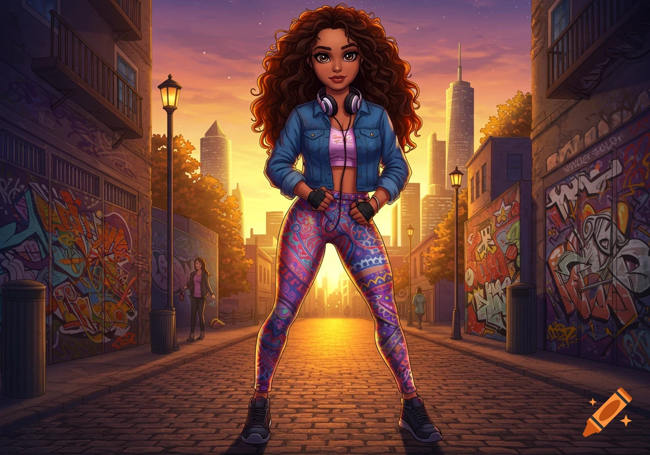 An anime-style character of a young woman with curly brown hair and headphones, wearing a crop top, denim jacket, and patterned leggings, standing confidently in an urban alleyway with graffiti-covered walls at sunset.