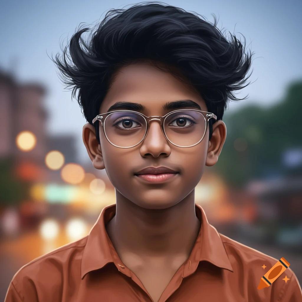 Photorealistic portrait of an Indian teenager with clear glasses looking directly at the camera.