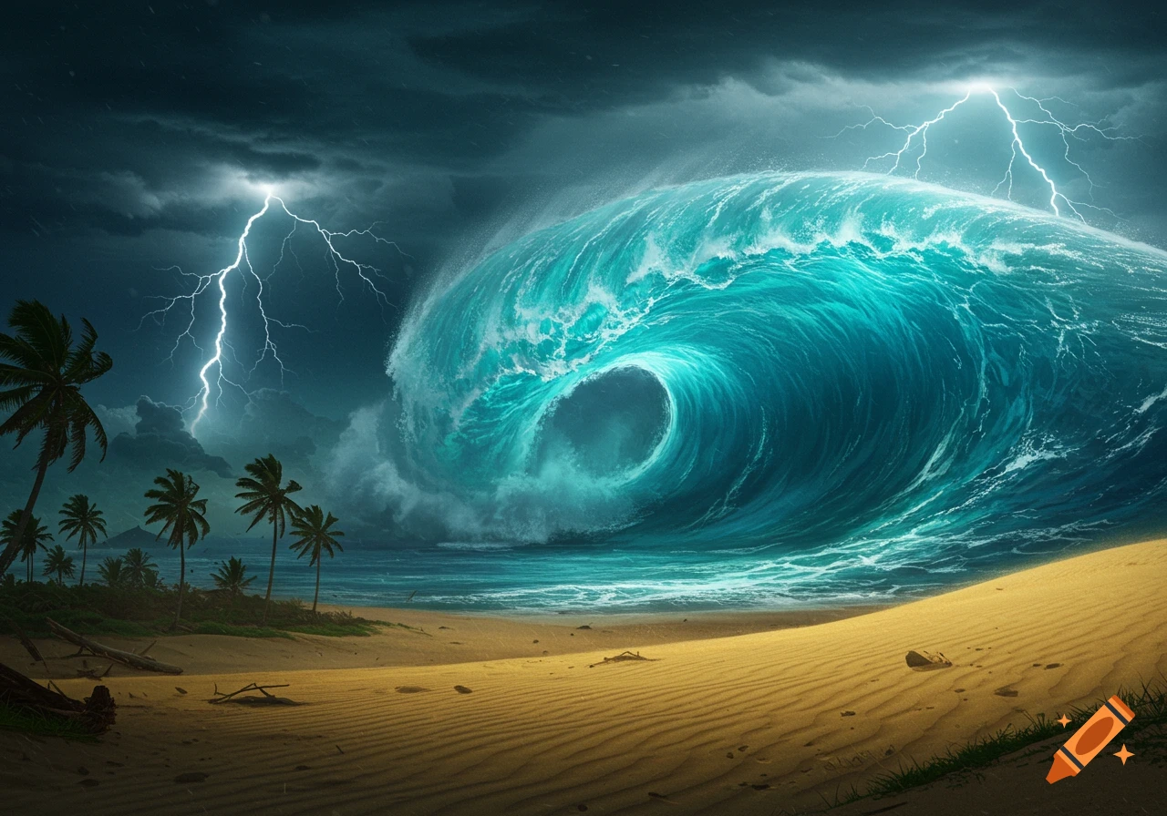 A massive blue tsunami crashes towards a sandy beach with palm trees under a dark, stormy sky with bright lightning.