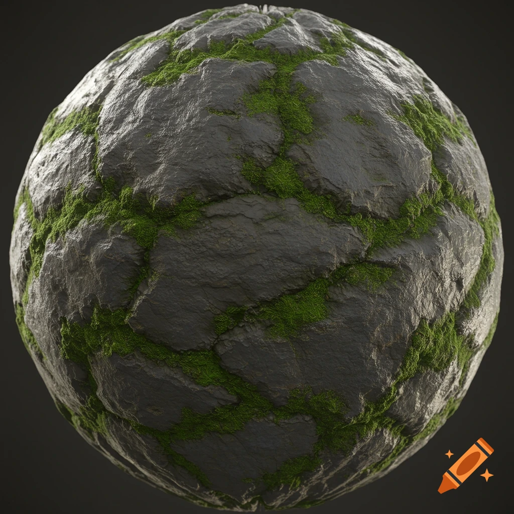 A high-detail spherical texture of dark gray rock with vibrant green moss growing in patches over its uneven surface.