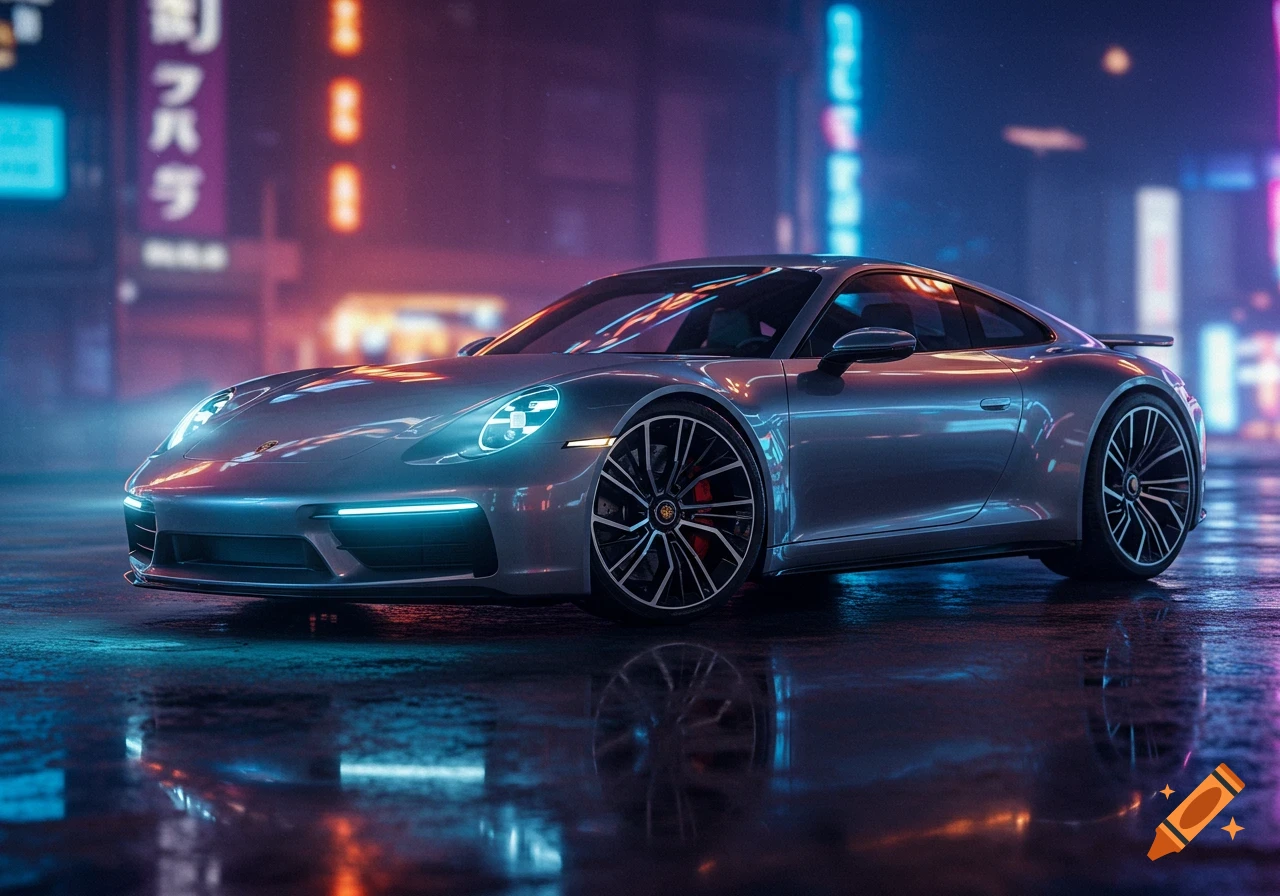 A photorealistic silver Porsche 928 2025 parked on a wet street at night, illuminated by blue and pink neon city lights.