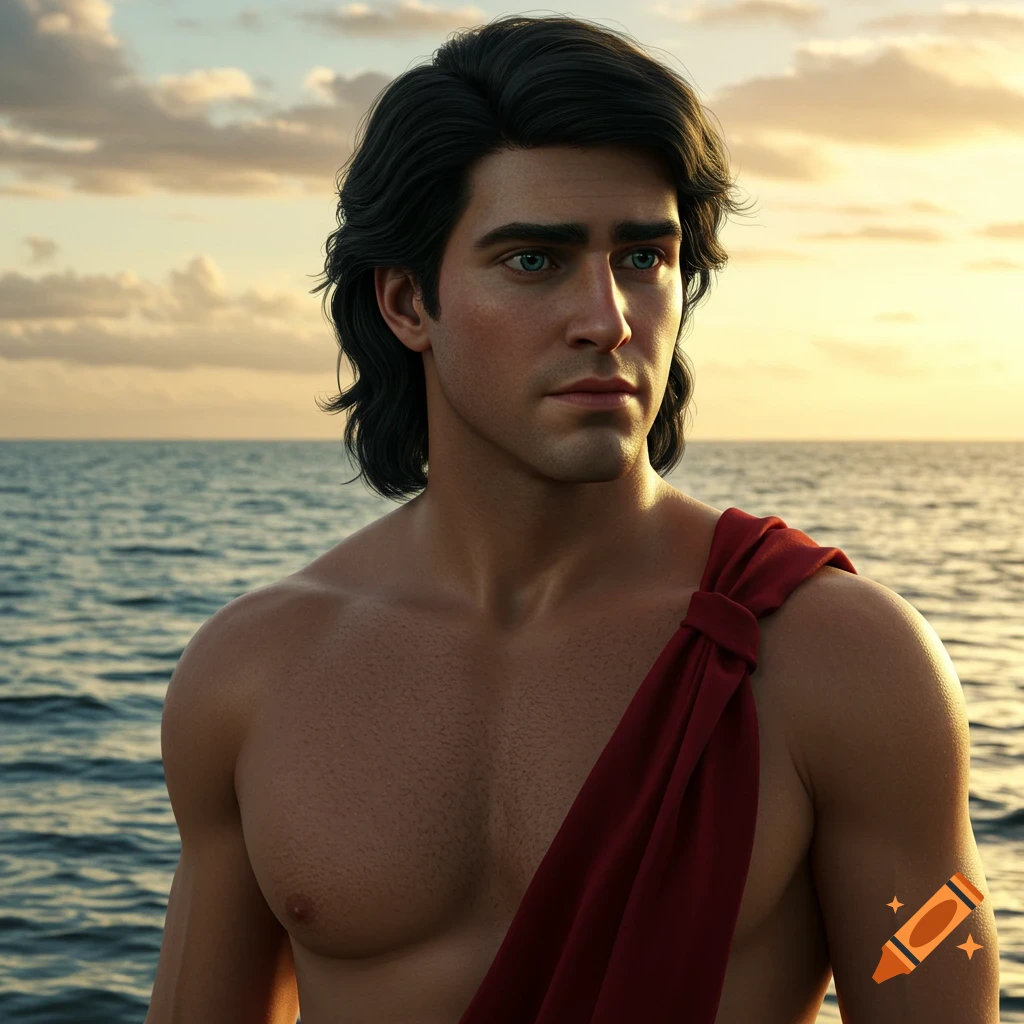 Realistic portrait of a handsome man with wavy black hair, blue eyes, shirtless with a red sash, standing by the ocean at sunset.