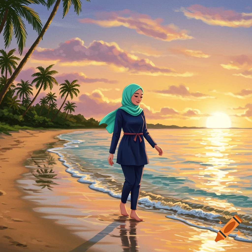 An illustrated woman in a blue burkini and green hijab walks barefoot along a beach at sunset, with palm trees and ocean waves.