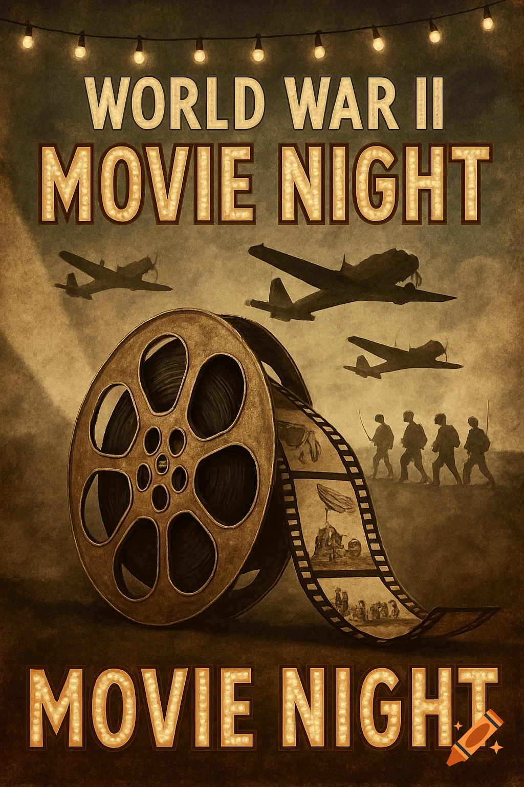 Vintage sepia-toned poster for a 'World War II Movie Night' with a film reel, silhouetted airplanes, and soldiers.