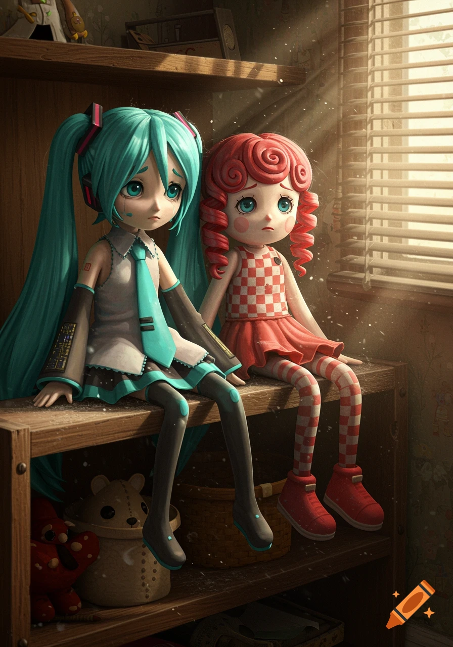 Two sad, anime-style dolls sit on a dusty wooden shelf bathed in sunlight from a window with blinds.