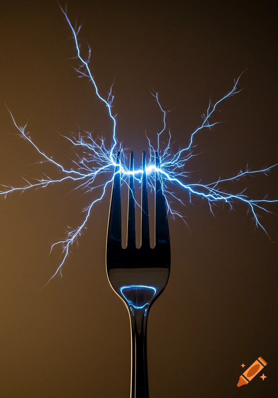 A close-up shot of a silver fork with bright blue electrical arcs emanating from its tines against a dark background.