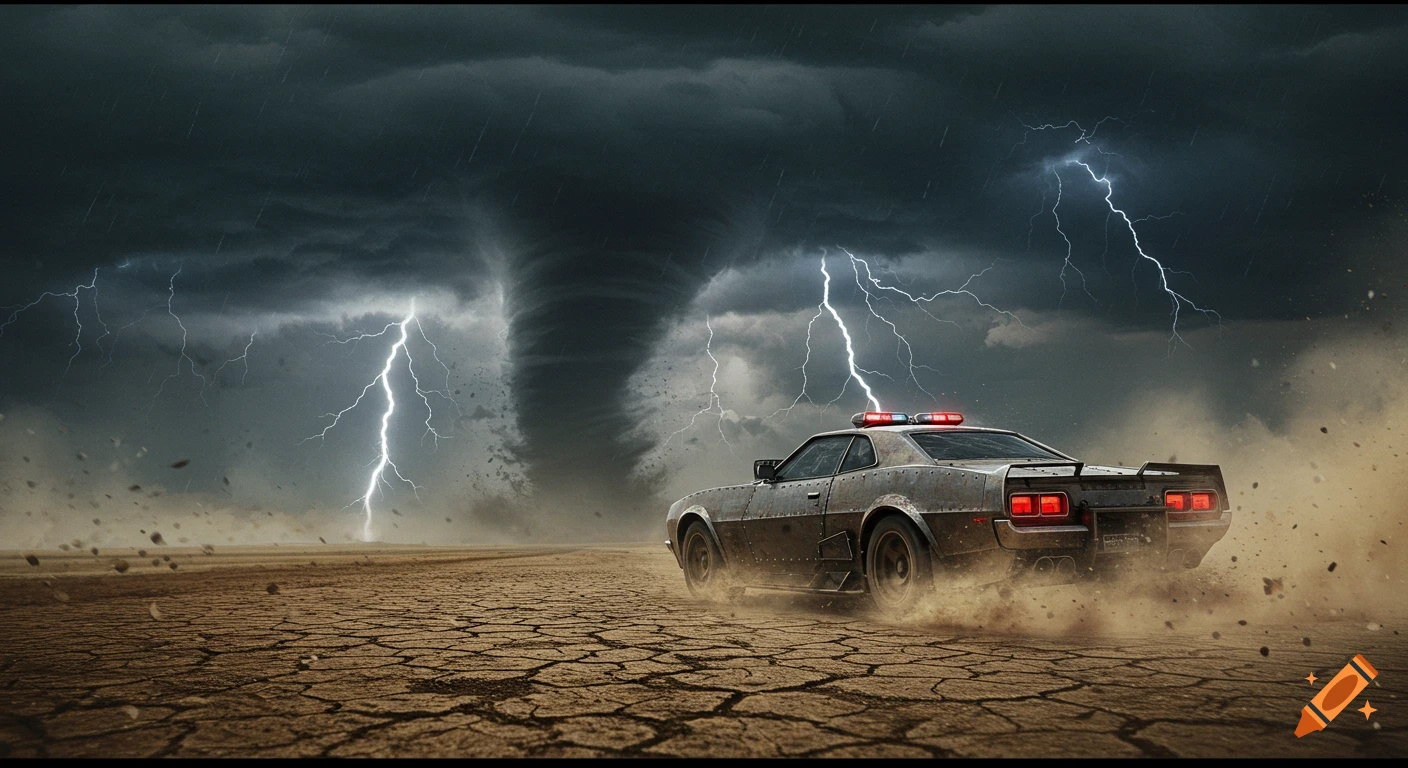 A modified storm-chaser car speeds across a cracked desert landscape, kicking up dust, as a large tornado and lightning fill the dark, stormy sky behind it.