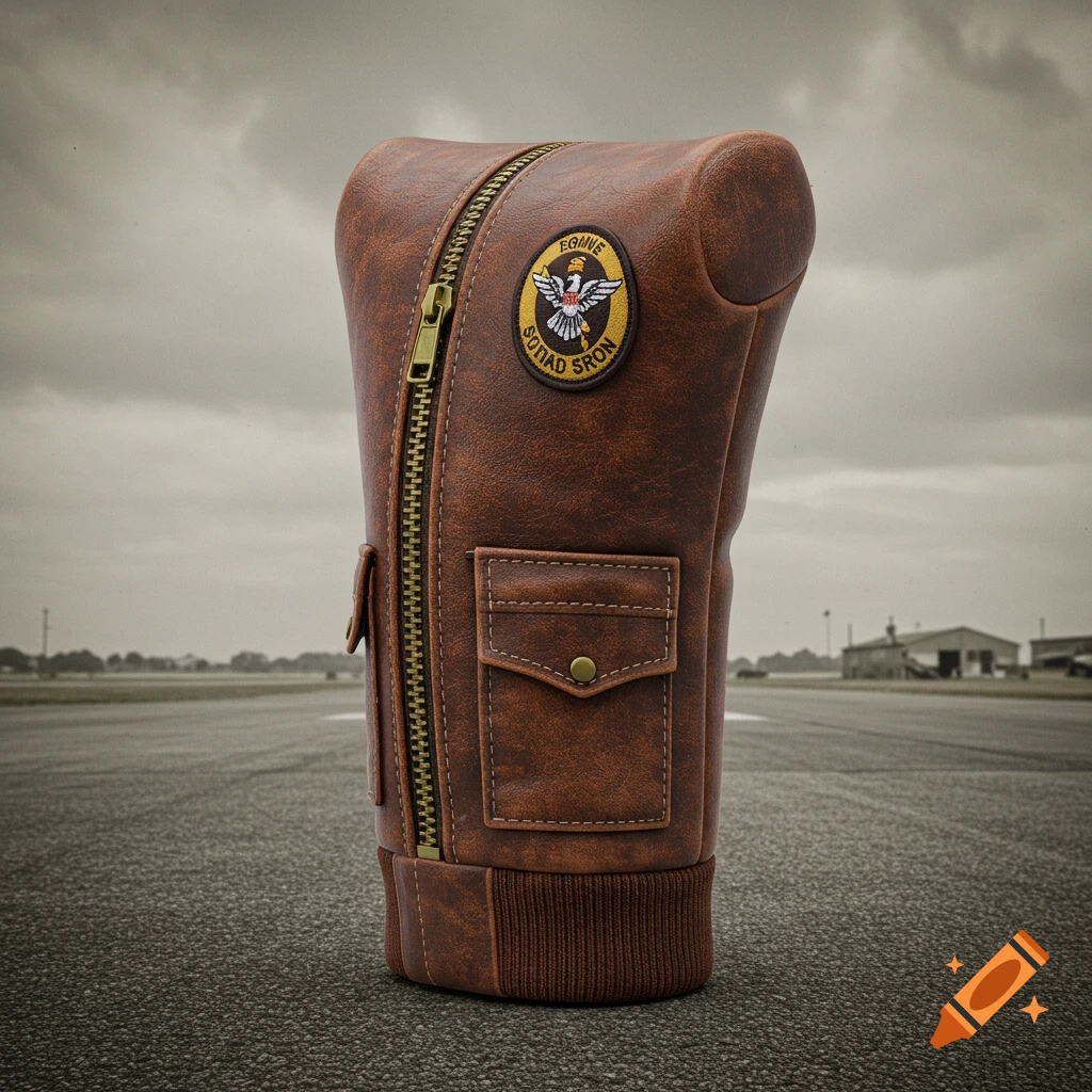 A brown leather golf putter head cover designed like a bomber jacket, featuring a zipper and a patch, sits on an asphalt runway.