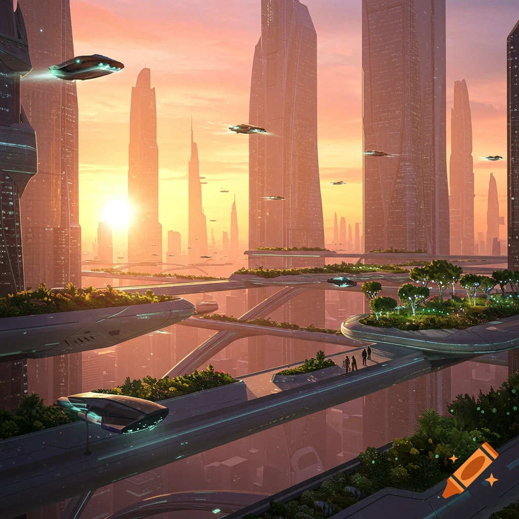 A vibrant futuristic cityscape at sunrise with towering skyscrapers, elevated gardens, and flying vehicles.