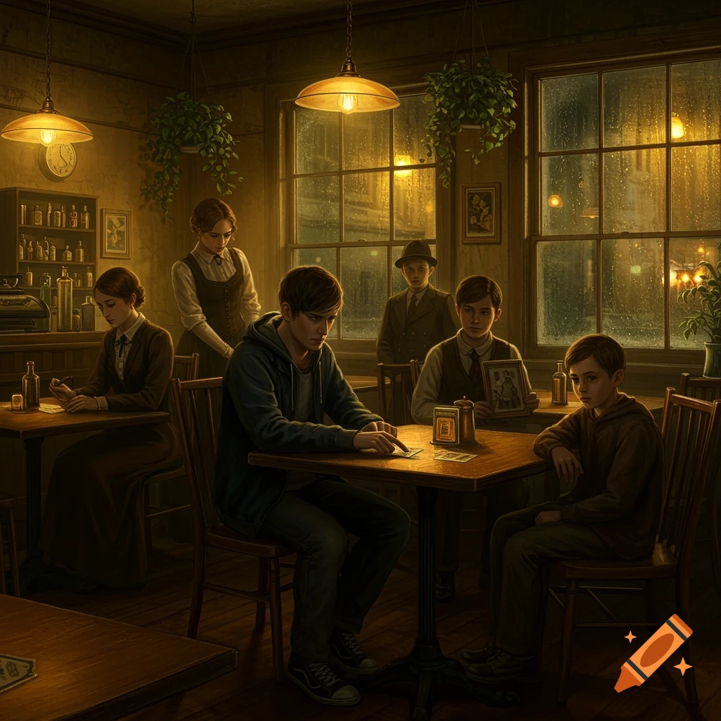 An atmospheric illustration of a cozy, dimly lit cafe at 3 AM with warm golden light, a young man at a wooden table, and other mysterious patrons.
