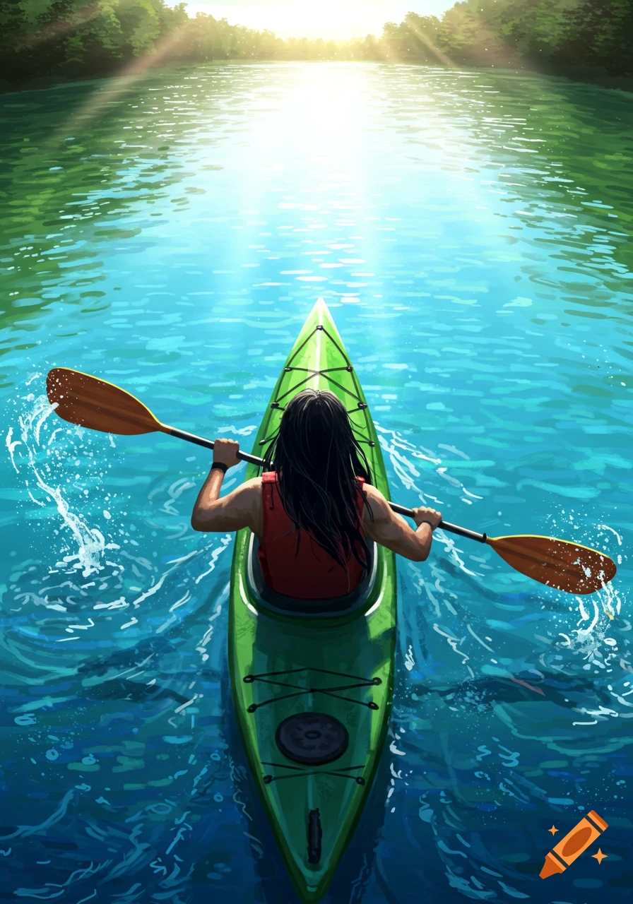 A person with long dark hair kayaks on a bright blue lake towards a sunlit horizon, viewed from above in an illustrative style.