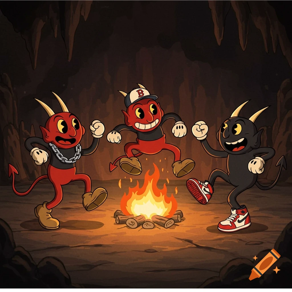 Three cartoon devils, one with a silver chain, one with a 'B' hat, and one with sneakers, dance around a bonfire in a cave, Cuphead style.