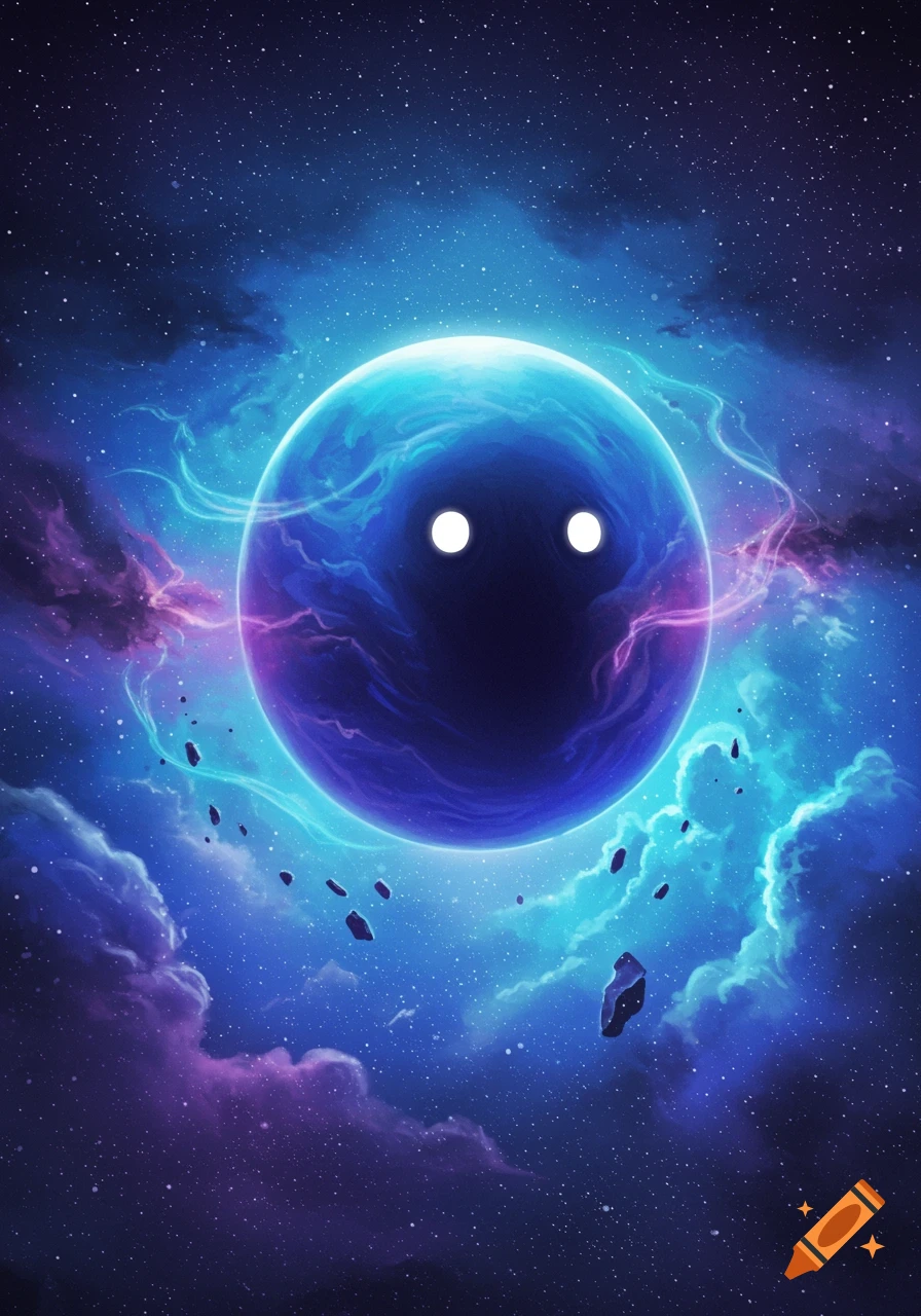 An illustrated dark, spherical entity with glowing eyes floats in deep space among blue and purple nebulae and asteroids.
