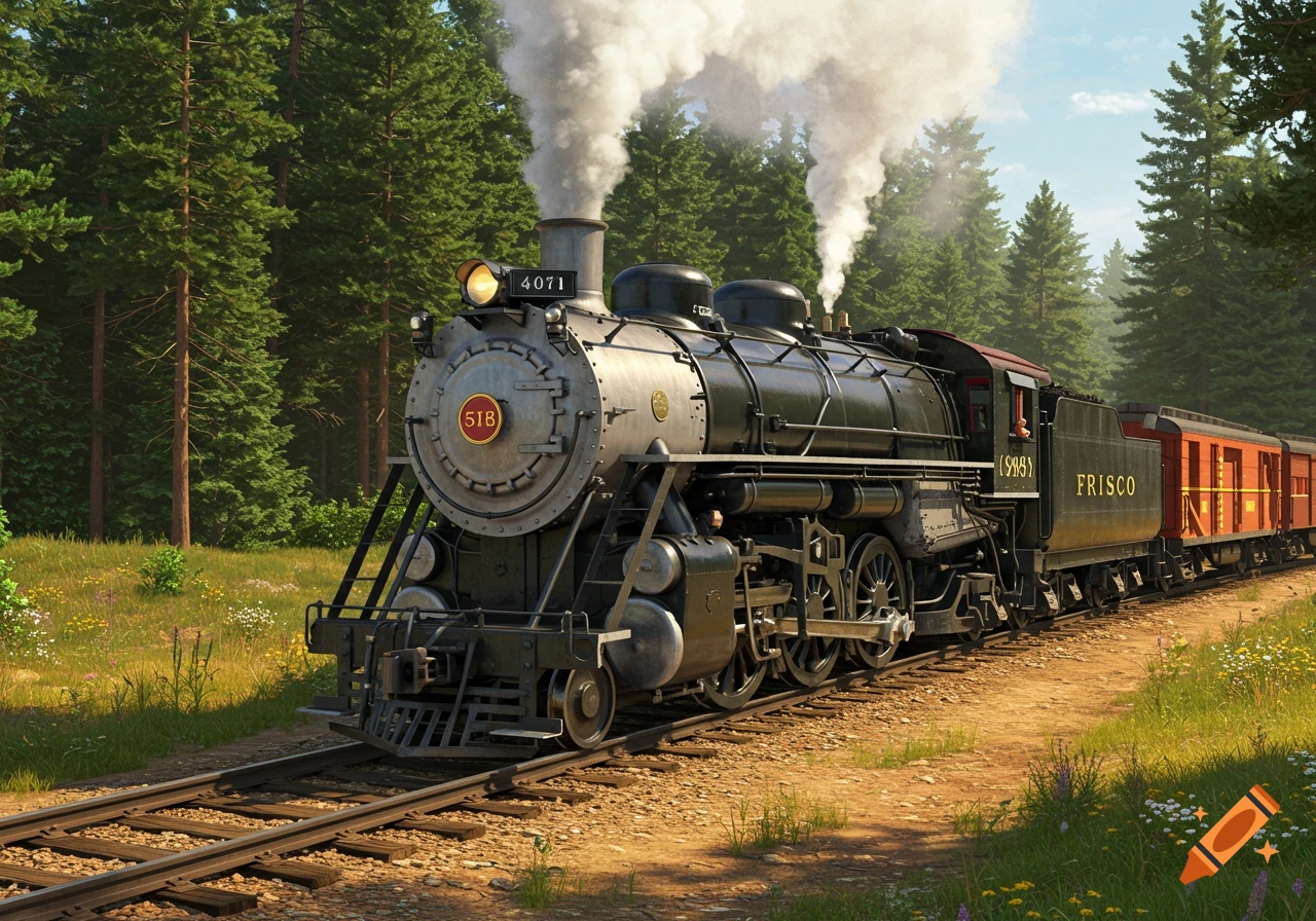 A vintage black steam train with red details travels on tracks through a green forest under a blue sky, emitting smoke.