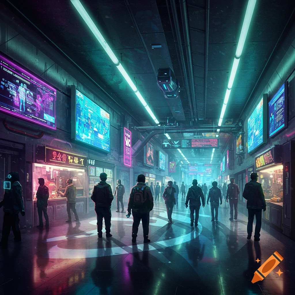 A dimly lit futuristic underground city passage with neon lights, large glowing screens, and numerous people walking.