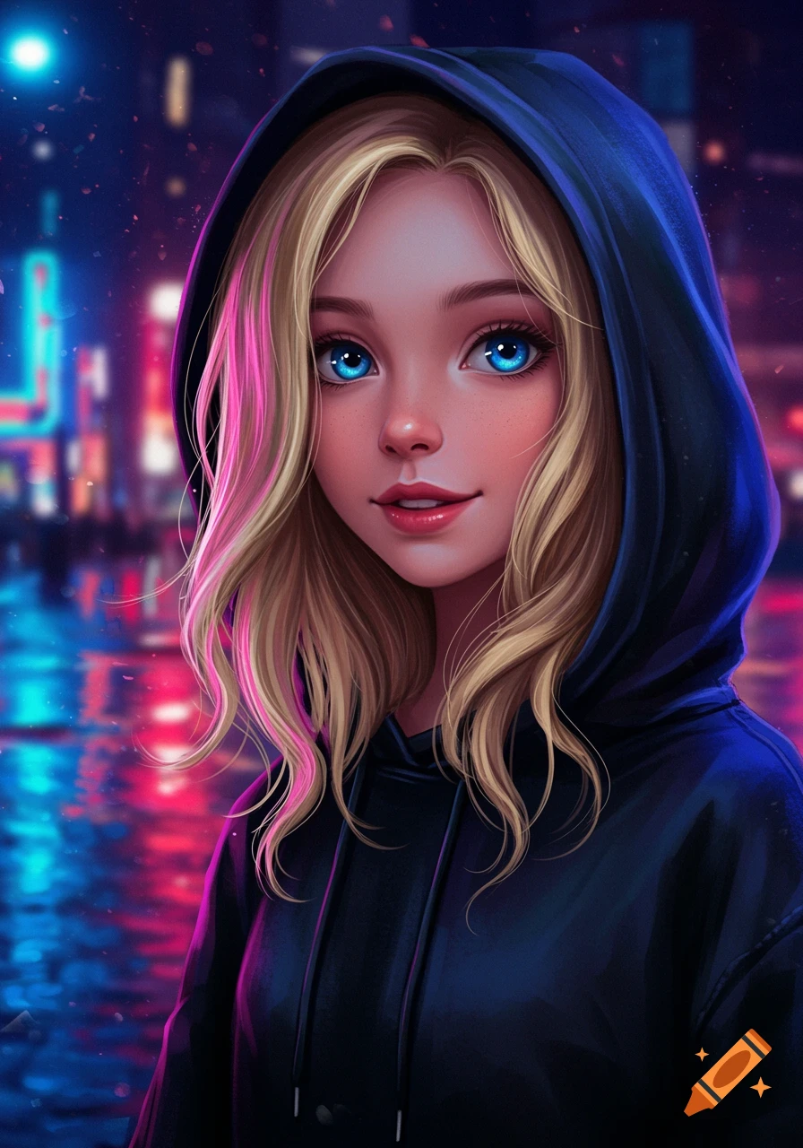 Digital art portrait of a blonde girl with bright blue eyes in a black hoodie against a neon city night background.