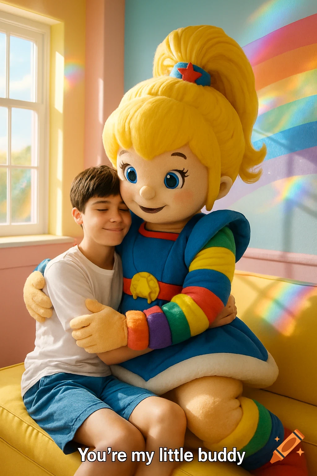 A boy hugs a Rainbow Brite mascot on a yellow couch in a brightly lit room with rainbows.