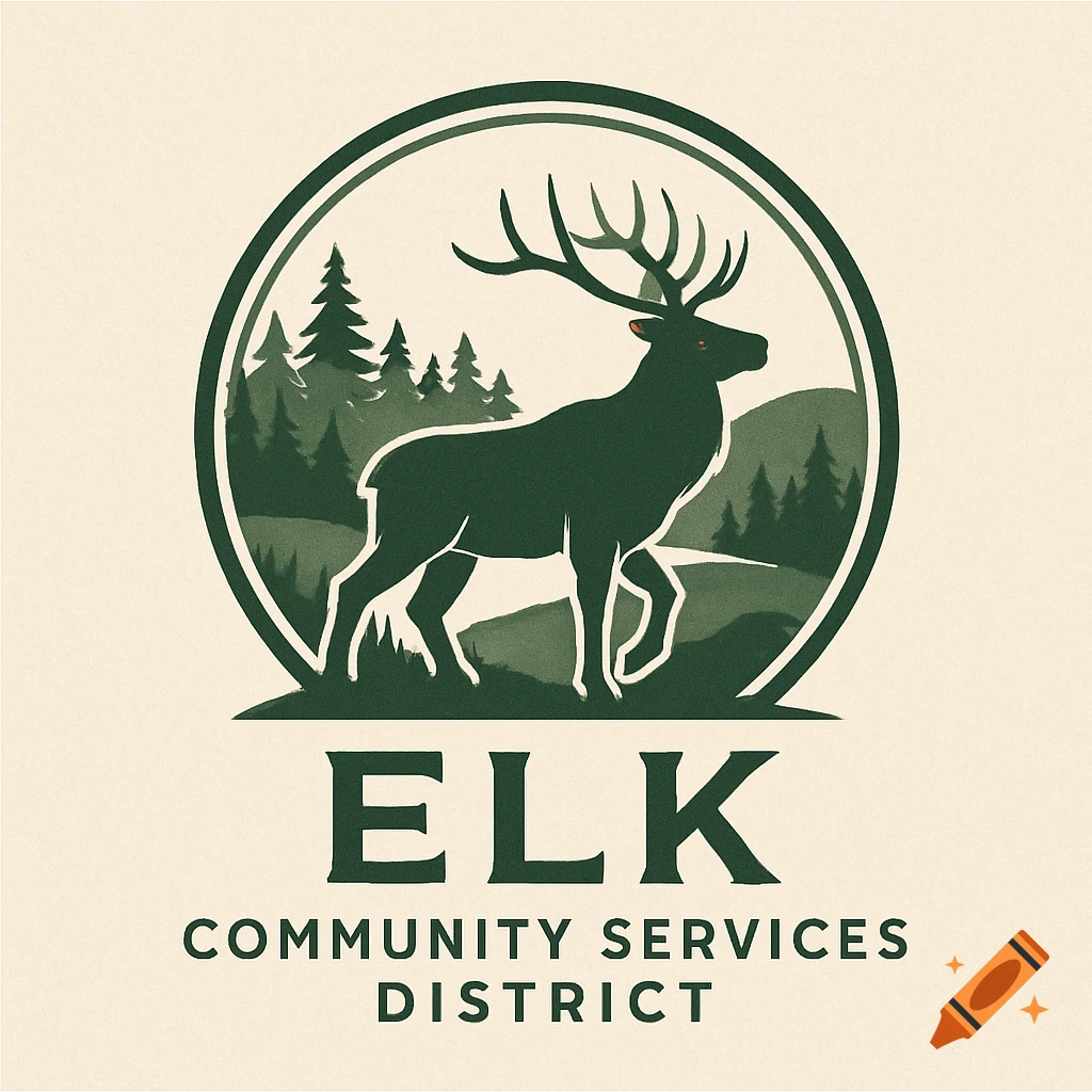 Dark green elk logo in a circular frame with trees, with the text "ELK COMMUNITY SERVICES DISTRICT" below.