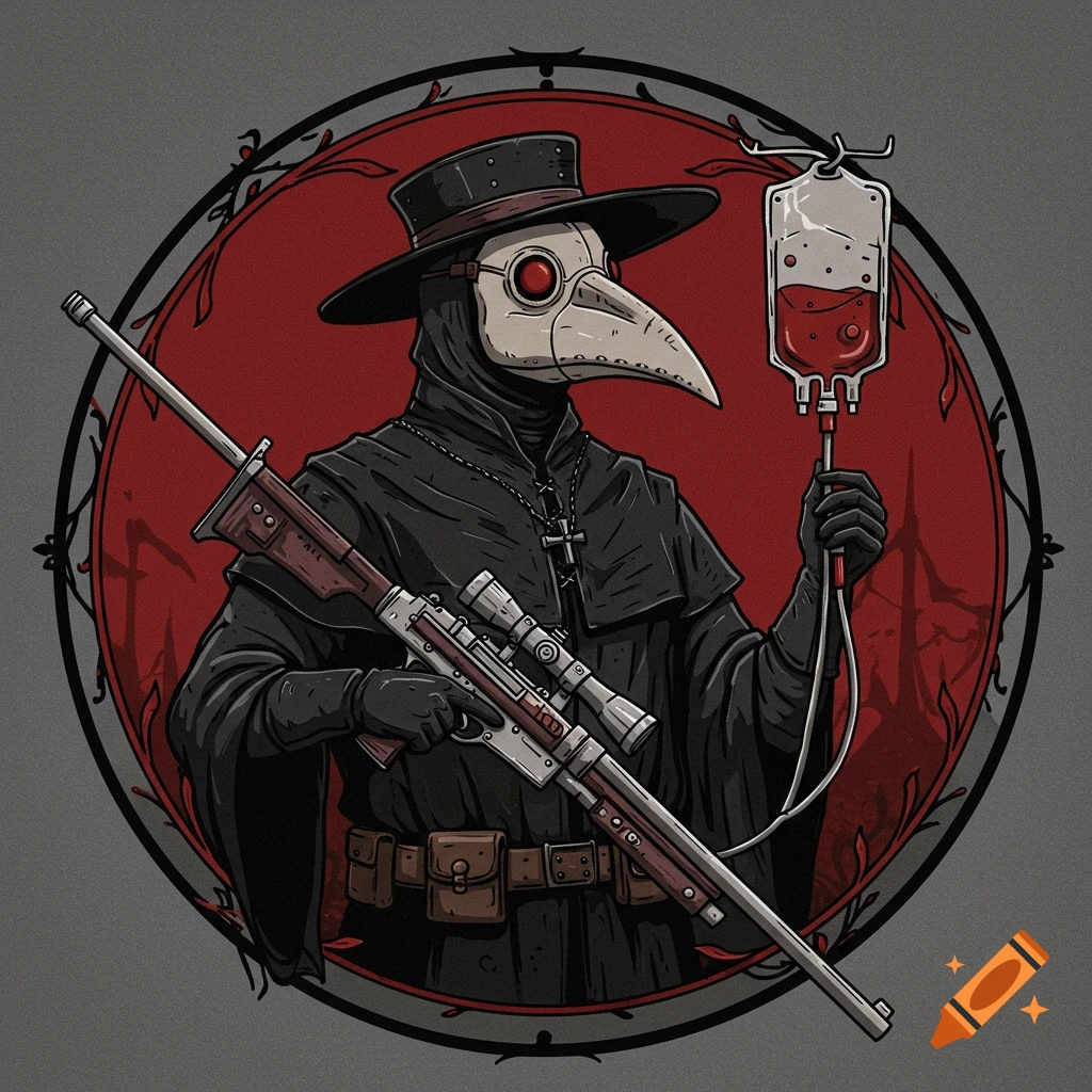 A stylized illustration of a plague doctor holding a sniper rifle and an IV bag, framed by a circular red background with floral patterns.