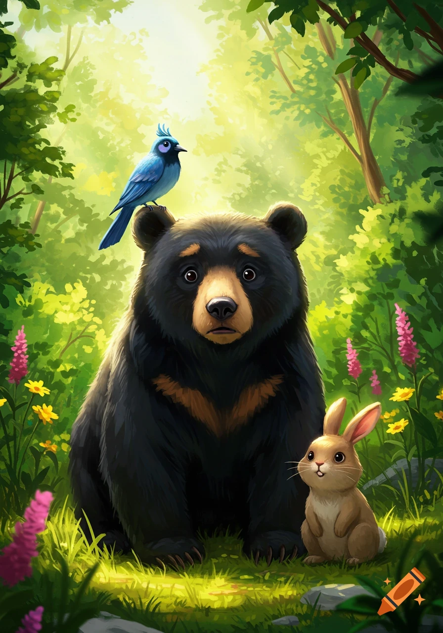 A cute illustrated black bear, blue bird, and brown bunny in a sunny forest.