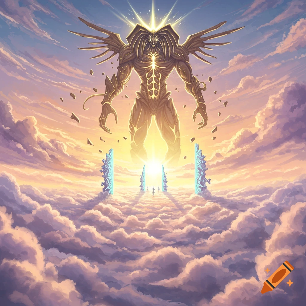 A colossal golden armored creature with glowing eyes and wings stands above clouds in a vibrant, sunlit sky. Small figures approach a bright gateway below.