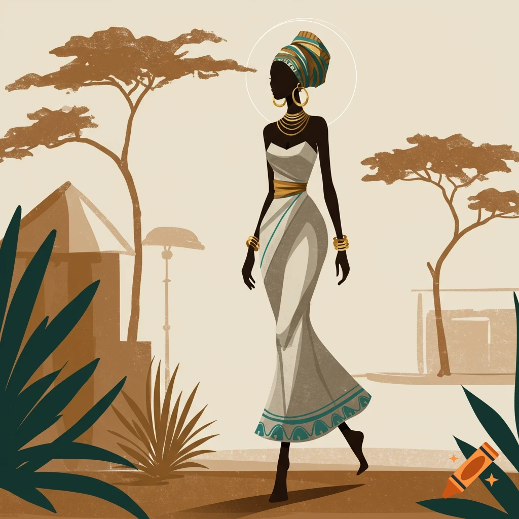 Stylized illustration of an African woman in a white dress and head wrap, adorned with gold jewelry, walking in a sandy landscape with trees.