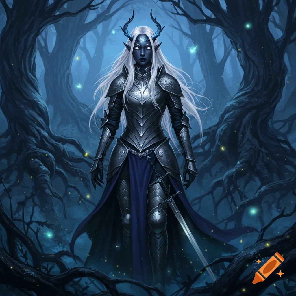 A dark fae warrior with silver hair and blue horns stands in intricate armor, holding a sword in a mysterious, gnarled forest with glowing lights.