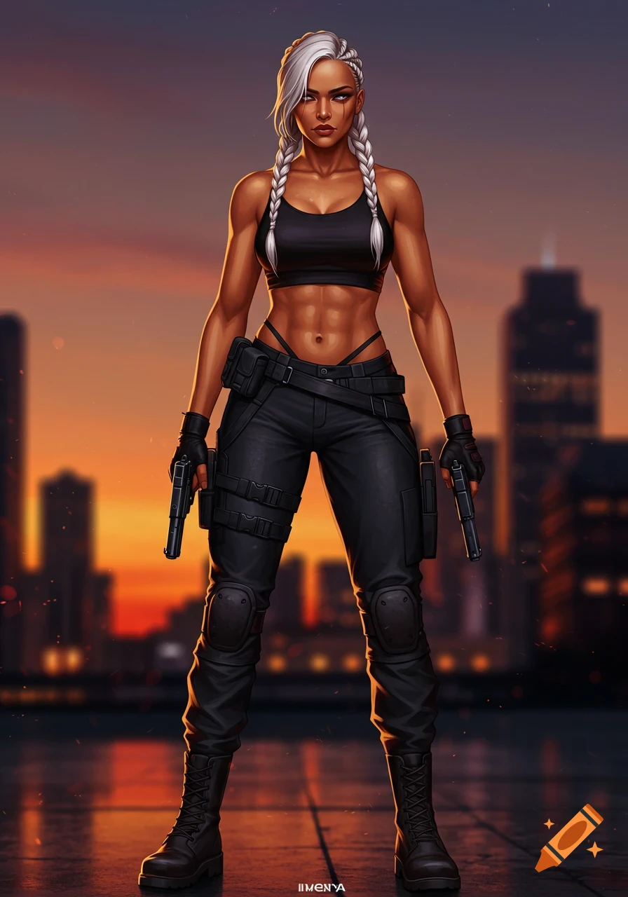 A muscular woman with platinum blonde braids, abs, and dark skin stands in a black crop top and tactical pants, holding pistols. Evening cityscape background in a digital art style.
