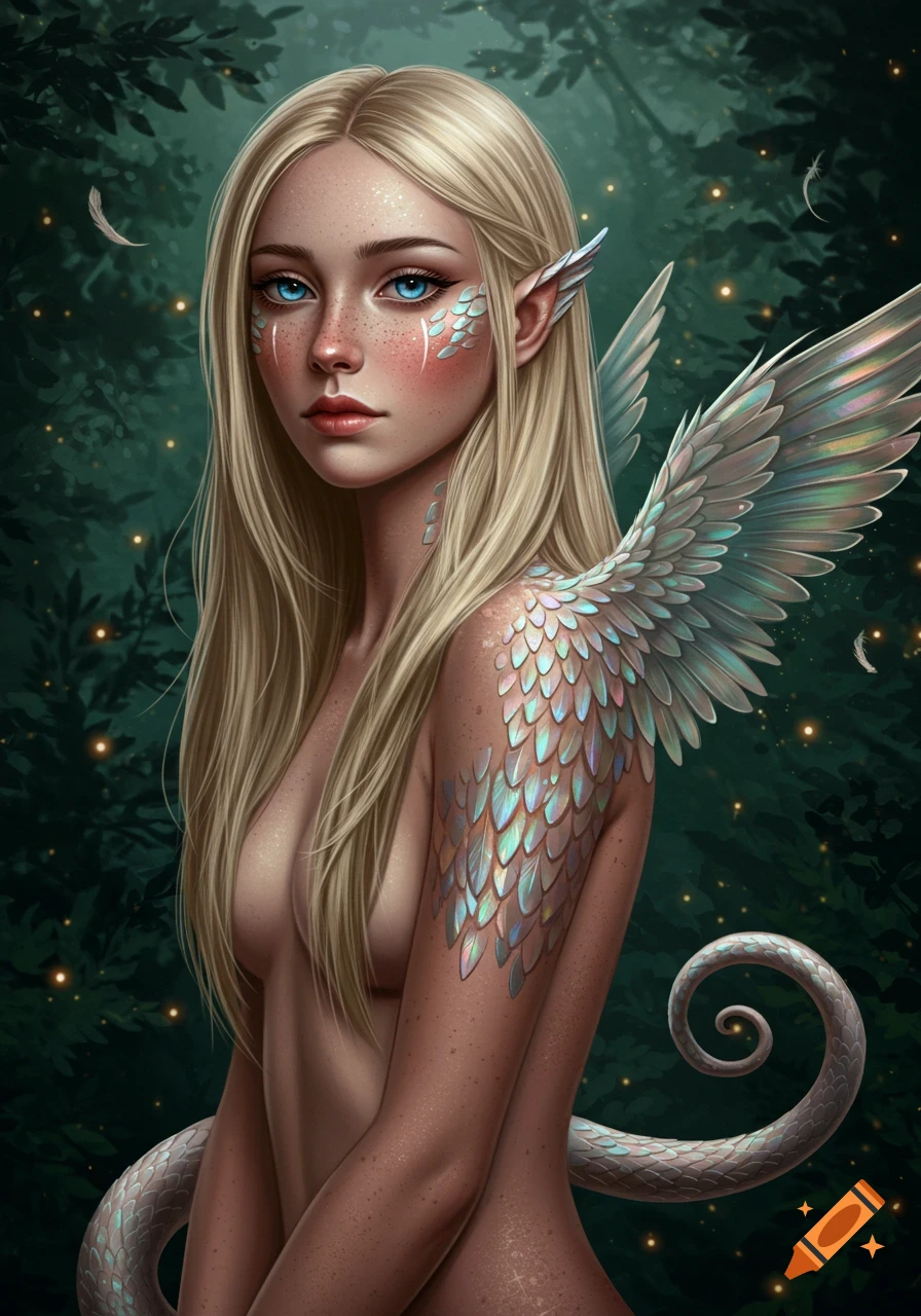 Digital art of a blonde fantasy woman with blue eyes, elven ears, iridescent scales, white wings, and a serpent tail in an enchanted forest.