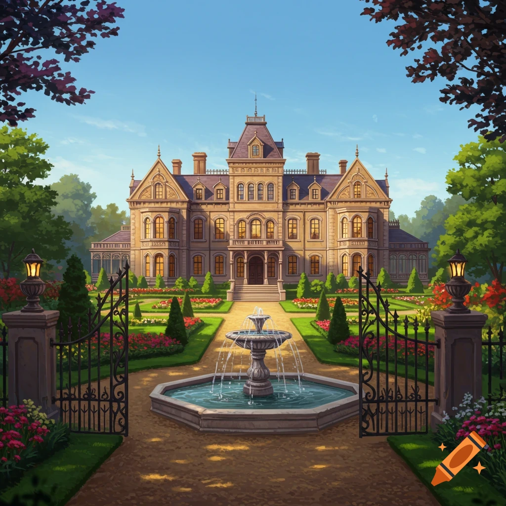 A grand, ornate mansion with a fountain and extensive landscaped gardens, viewed through a large iron gate.