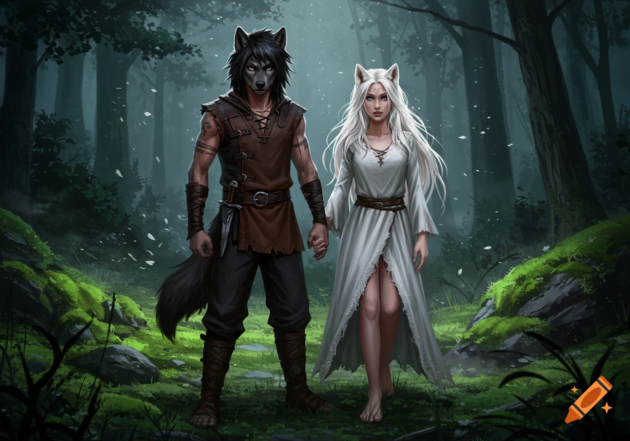 A wolf-headed man and a white wolf-eared woman hold hands while walking through a dark, mossy forest in a digital art style.