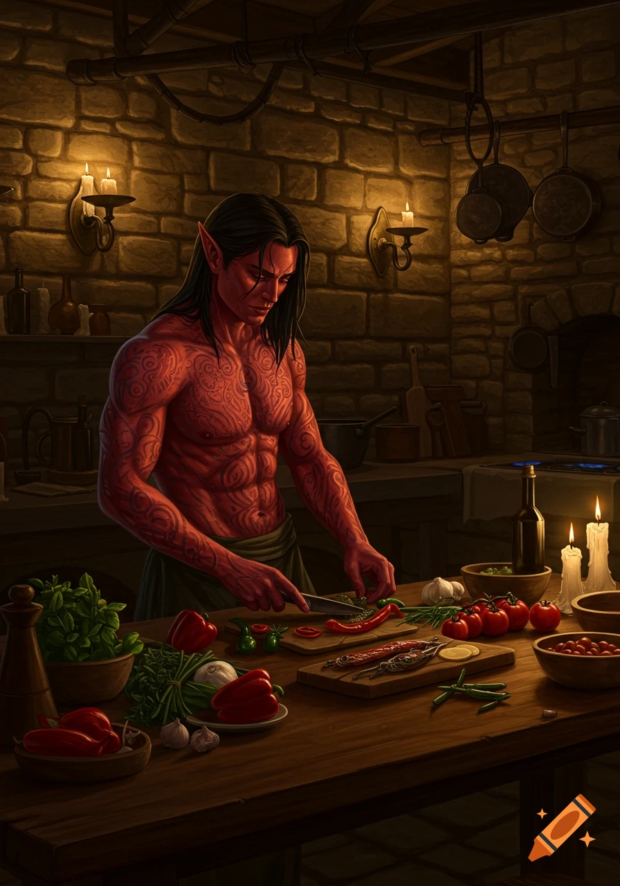 A muscular, red-skinned elf with tattoos chopping vegetables in a rustic kitchen lit by candles.
