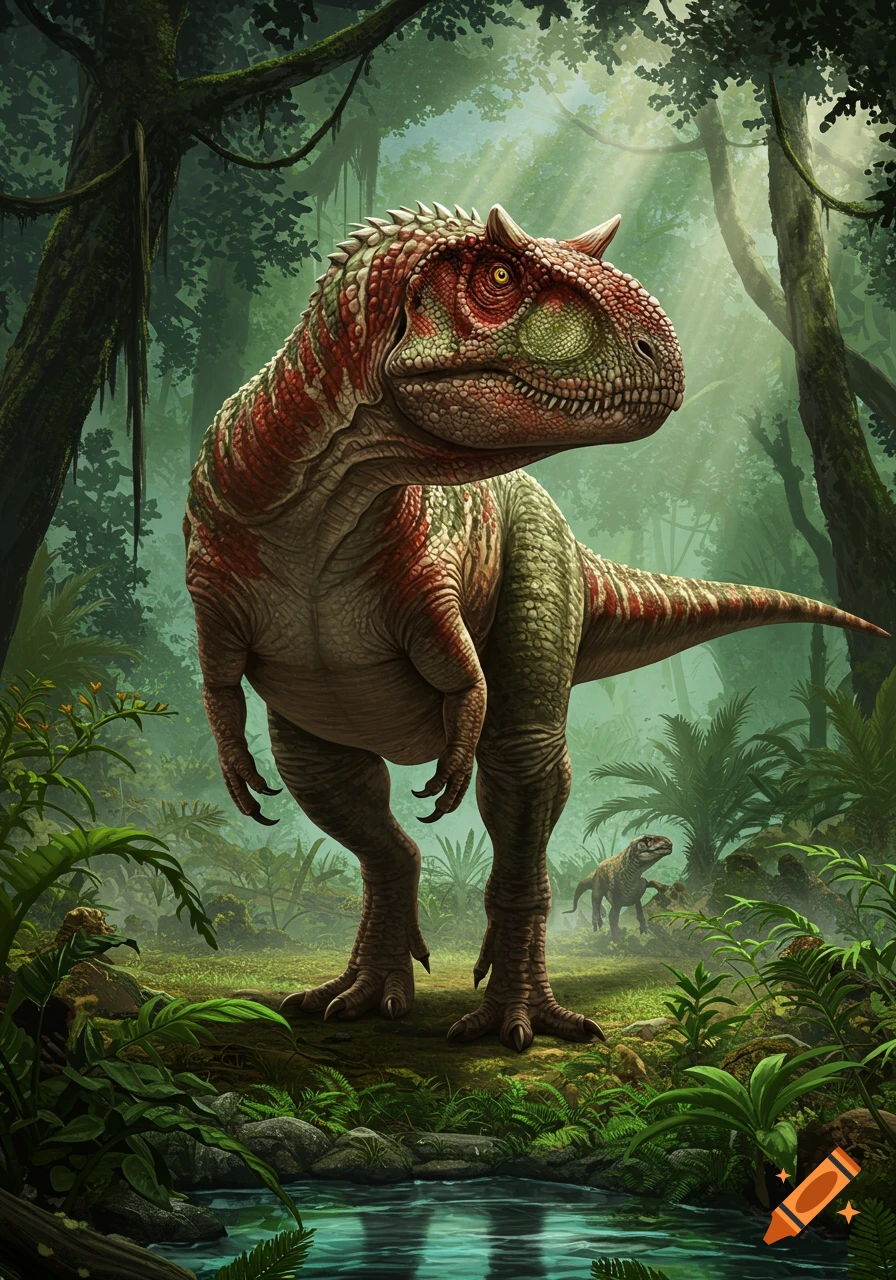 A detailed Ceratosaurus dinosaur stands prominently in a lush, sunlit jungle with a smaller dinosaur in the background.