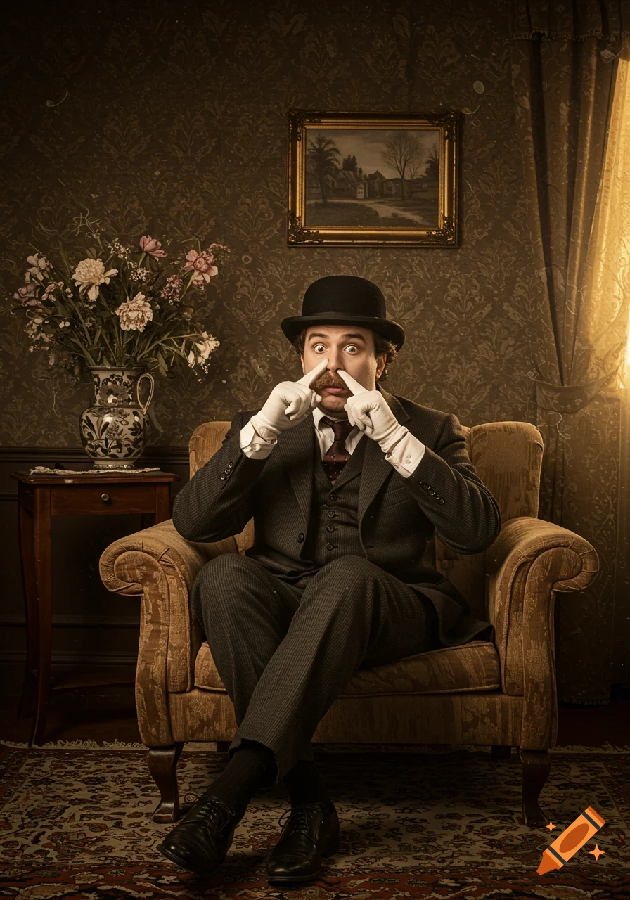 A man in a suit and bowler hat sits in a vintage armchair, plugging his nose with a funny expression. Photorealistic.