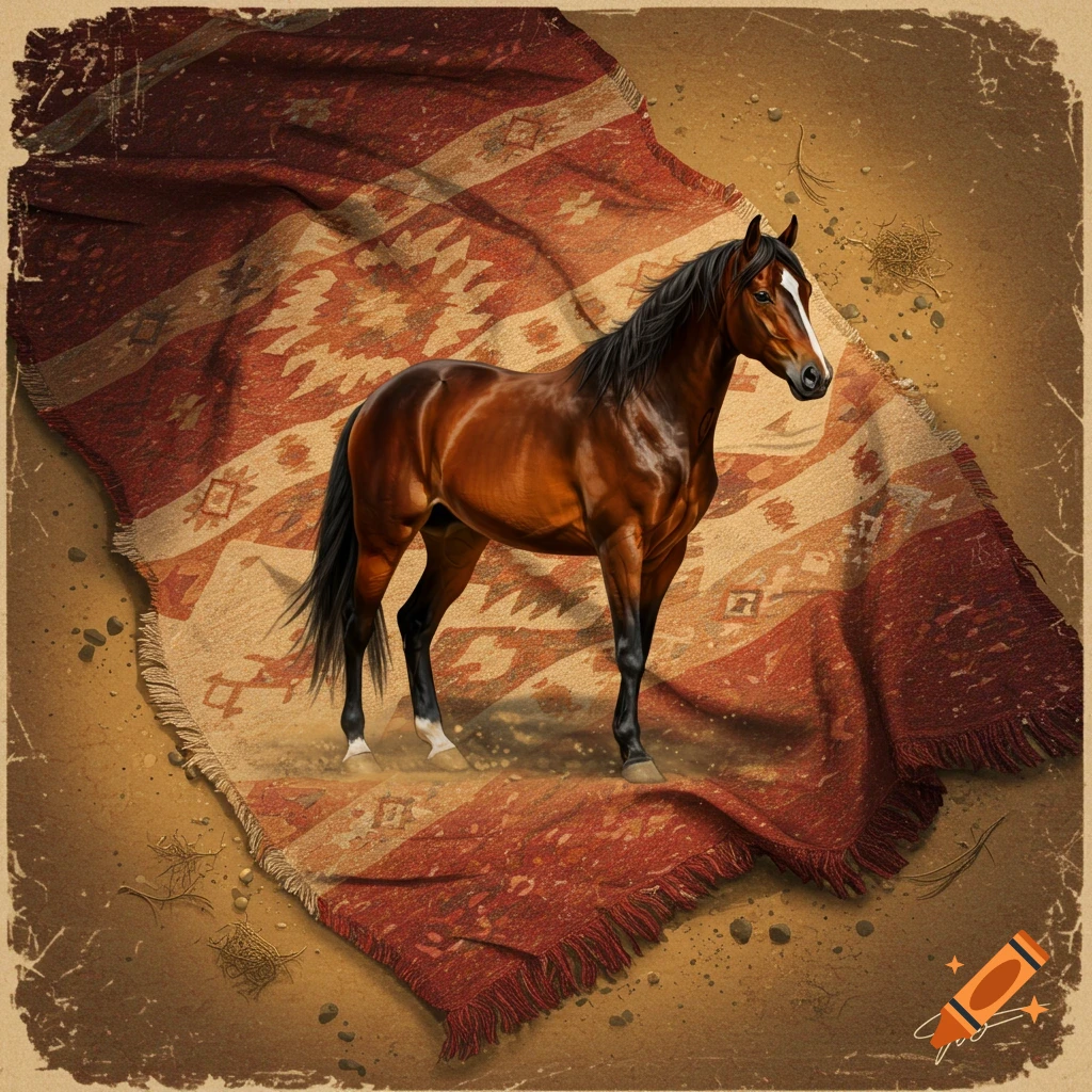 A brown horse with a black mane stands on a red and beige patterned rug in a sandy, worn setting, in an illustrative style.