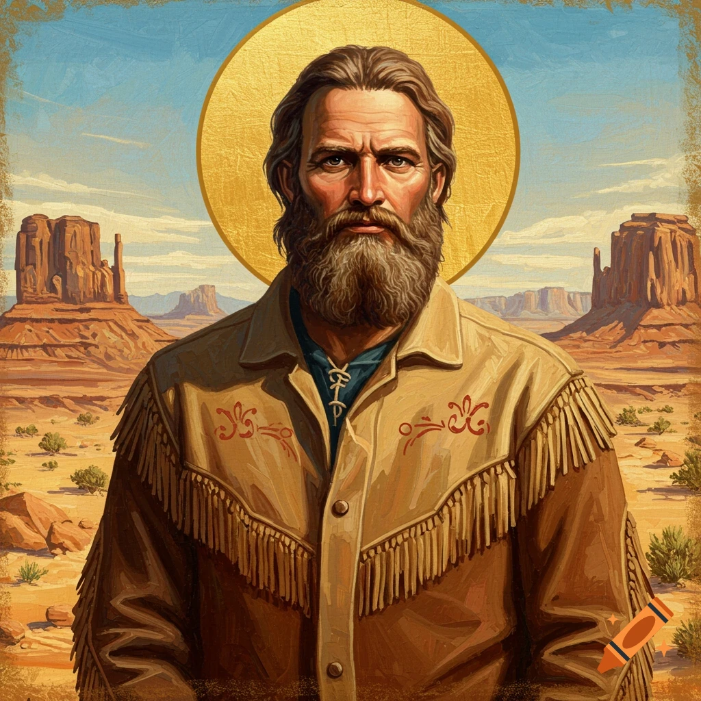 A bearded man in a fringed jacket stands in a desert landscape with mesas, a golden halo behind his head. Painting style.