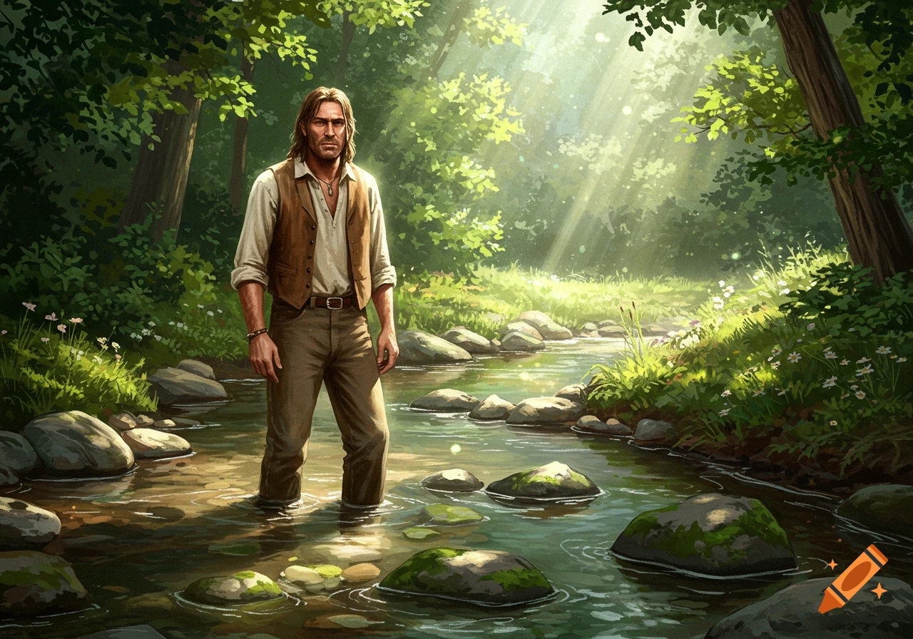 A man with long hair and a vest stands in a sunlit forest creek, looking forward. Stylized illustration.