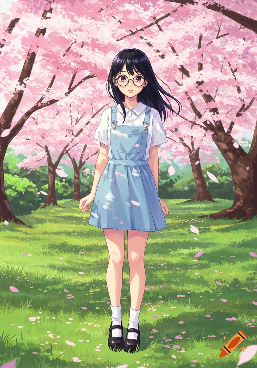 A full-body anime girl with black hair and round glasses stands in a park with pink cherry blossom trees. She wears a white shirt and a blue overall dress.