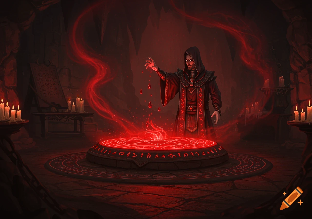 A male sorcerer in a dark robe performs blood magic over a glowing red altar in a dimly lit cave, surrounded by candles.